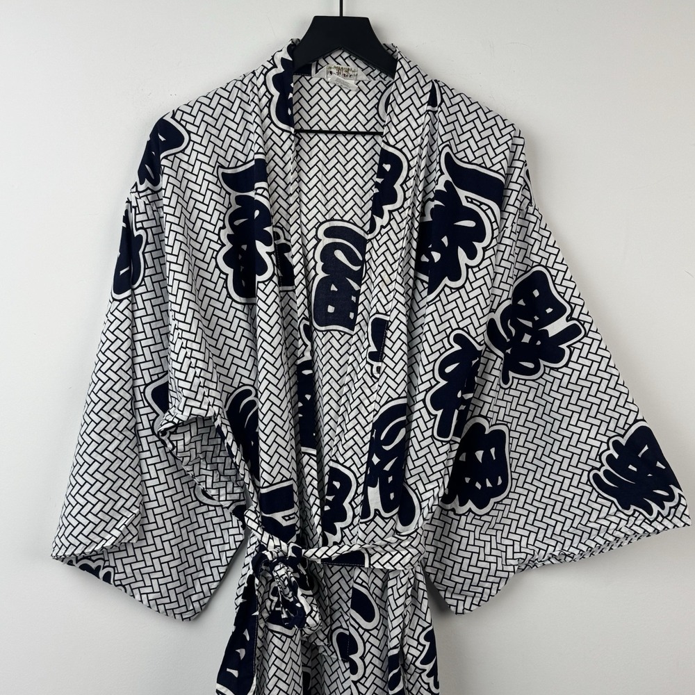 VTG Ichiban Kimono Robe 60 White Navy Japanese Happi Festival Coat Yukata Unisex